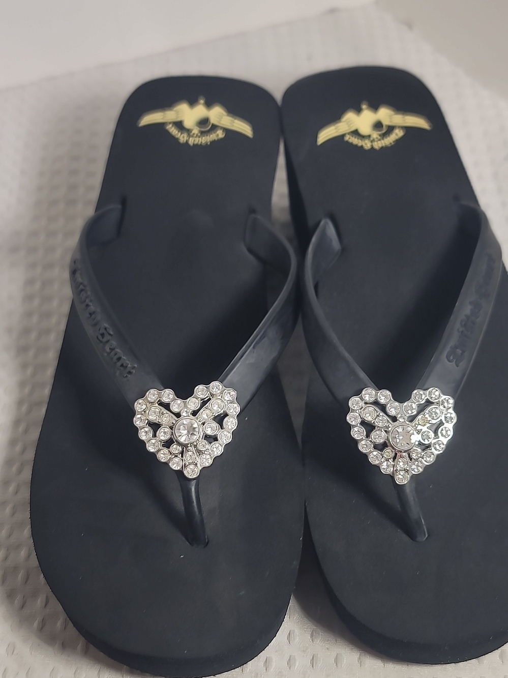 Black Rhinestone Heart Flip Flops - Women